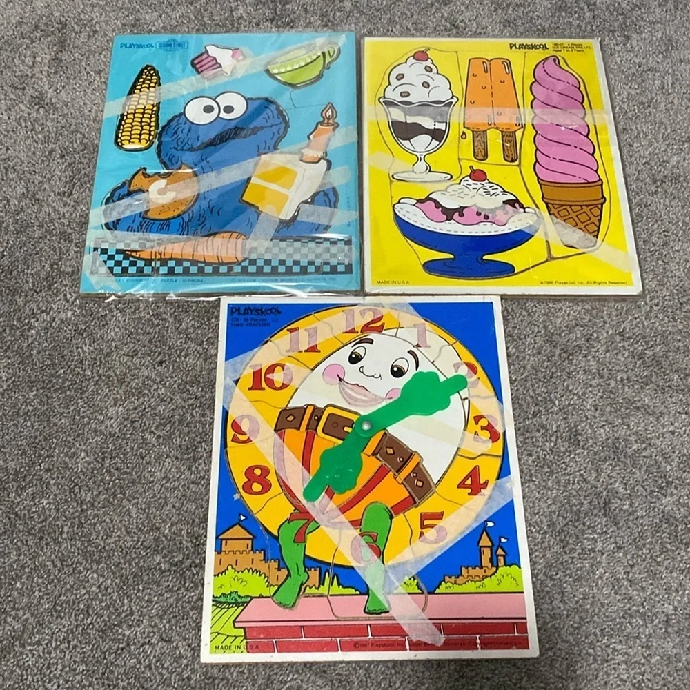 Vintage Playskool Wood Puzzles Cookie Monster 73 Ice Cream 86 Humpty Dumpty 81